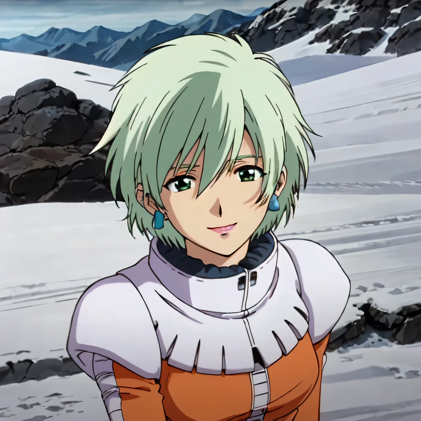 masterpiece,high quality,alone, View Viewer,smile, Ina Sakhalin,One girl, short hair,Silver-green hair,Earrings,Green Eyes,lipstick, Orange pilot suit, Snow Field,Mountain,