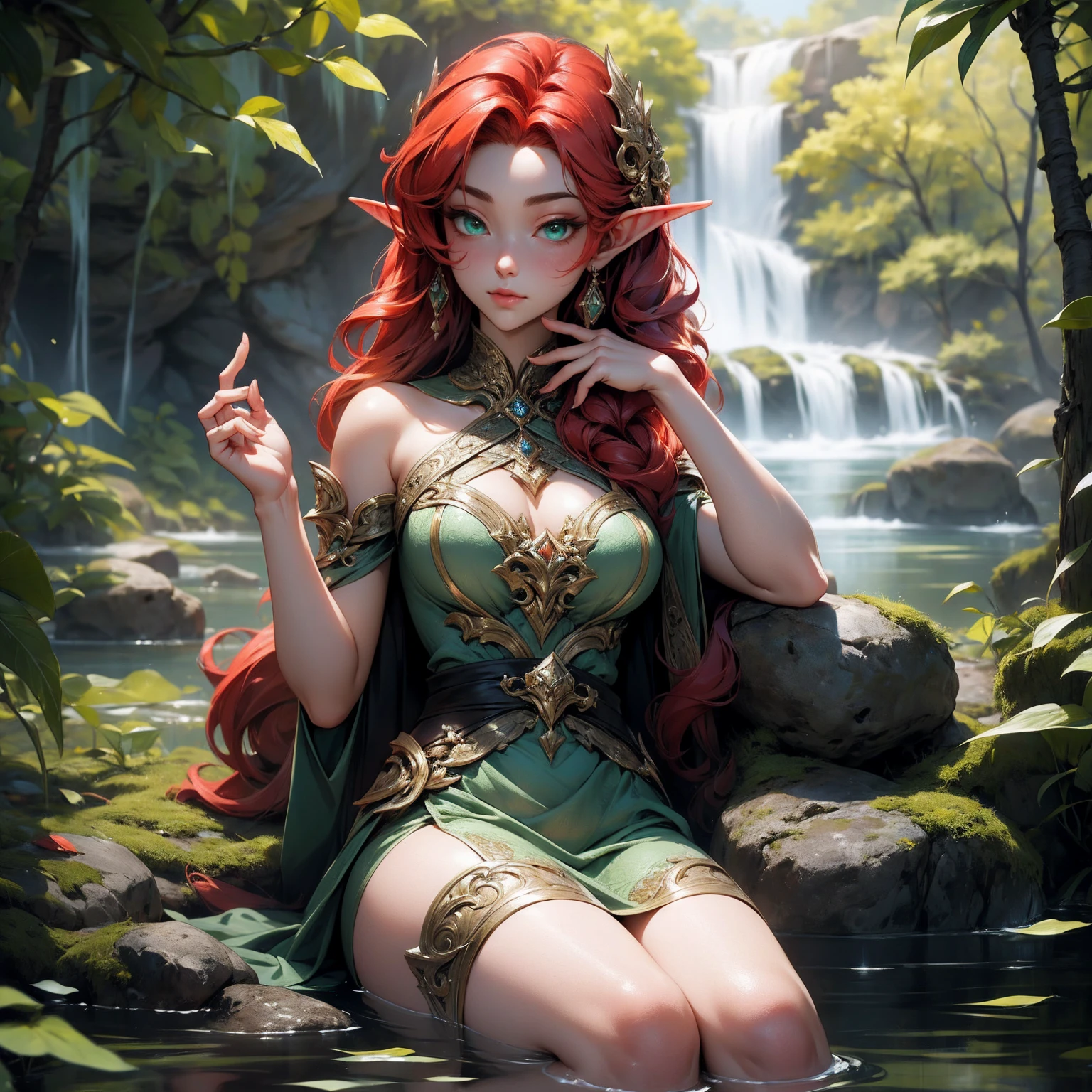 (Masterpiece - Ultra-Detailed, High Resolution) Prepare to be enchanted by a true masterpiece that combines ultra-detailed art with high-resolution rendering. This work shows a mesmerizing and sexy young elf with very large breasts and red hair. Green eyes, transparent dress, sitting on the water. Backwards, looking back, with one finger in her mouth. Get ready to dive into a world where beauty and craftsmanship merge perfectly.