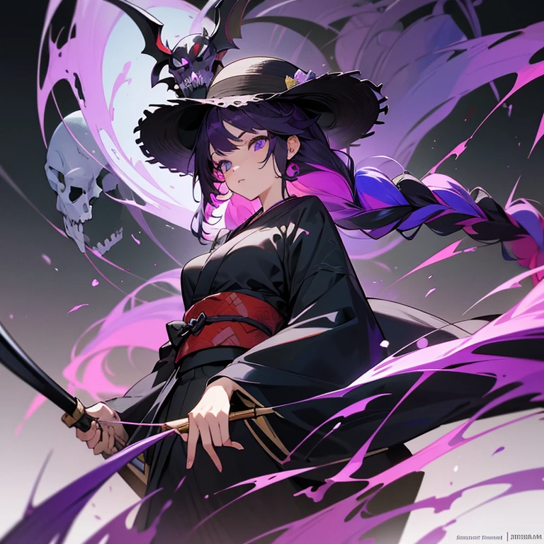 Masterpiece, best quality, expressive eyes, perfect face,, 1girl, breasts, solo, purple and black kimono, straw hat, purple hair, multicolored hair, black hair, twin braids, long hair, skeleton mask, twin scythes, holding_weapon, 