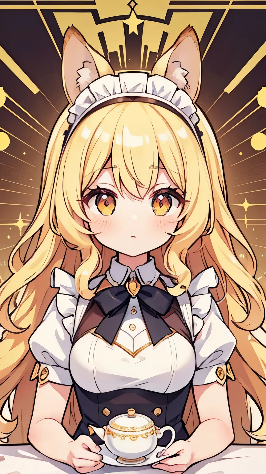 blonde hair, curly hair, hairband, squirrel ears, Art Deco, sparkle, symmetry, pov, anatomically correct, textured skin, high details, best quality, super detail, maid, cute girl, tea time, colorful