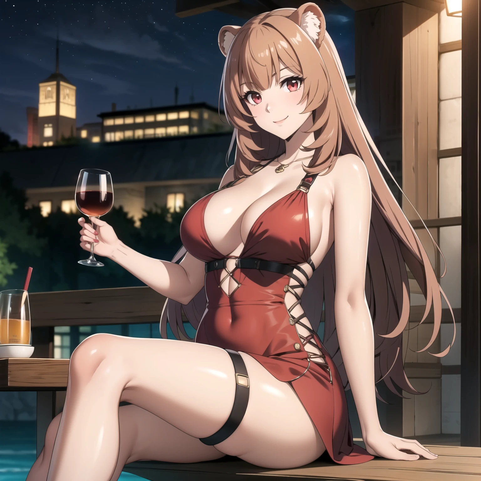Raphtalia woman 27 años, cabello naranjo brillante con reflejos, sonrisa hermosa, rubor en mejillas, , orejas de oso, detailed ruby red eyes, pechos grandes, piel clara detallada, vestido de fiesta rojo sex escotado escote, tacones, una copa de vino en su mano, esta en una fiesta elegante de noche lugar edificio lujoso.