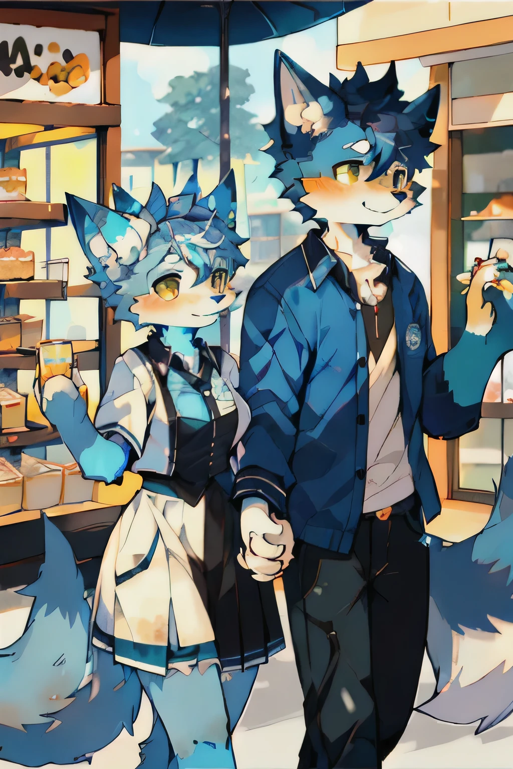 Blue fur, canine, fox motif, girl and boy couple, uniform、Holding hands together, shopping outside, relaxing at a cafe、lemon juice、cake