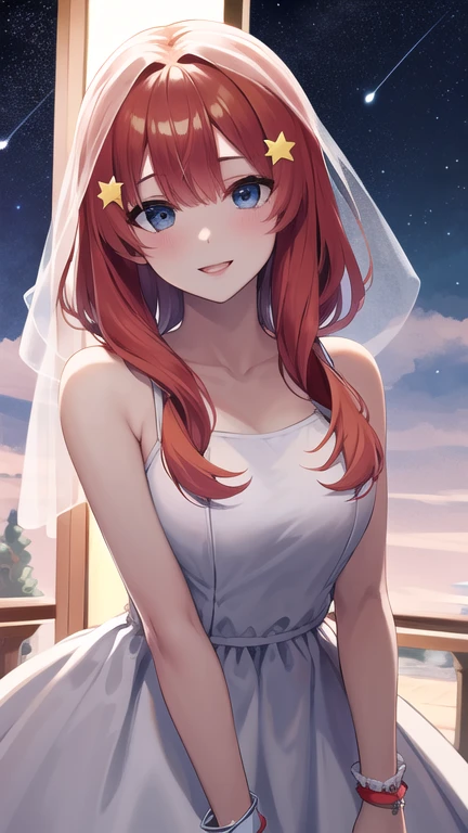 obra maestra, mejor calidad, high resolution, aaitsuki, pelo largo, ahogo, Adorno para el pelo de estrella, velo de novia, clavicle, hombros descubiertos, sin tirantes, vestido de novia, Vestido blanco, wristbands, grados, de pie, sosteniendo ramo, sonrisa, boca abierta,