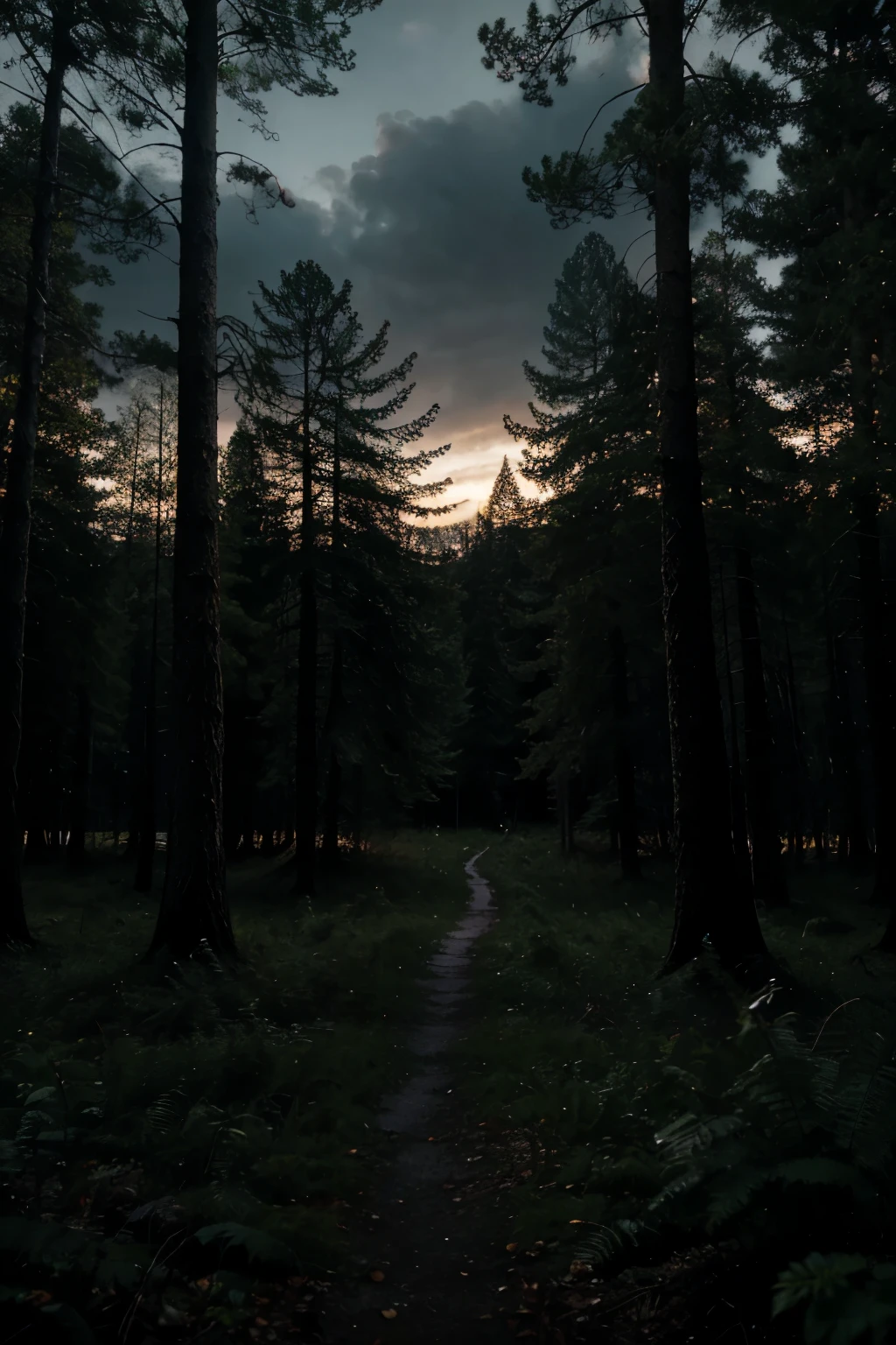 dense and dark forest. At nightfall. heavy scenery with darker colors of nature