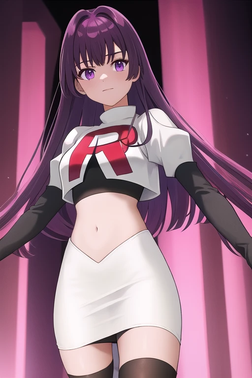 veyle_engage, 1girl, purple eyes, solo, team rocket,team rocket uniform,white skirt,red letter R,crop top,black thigh-highs,black elbow gloves