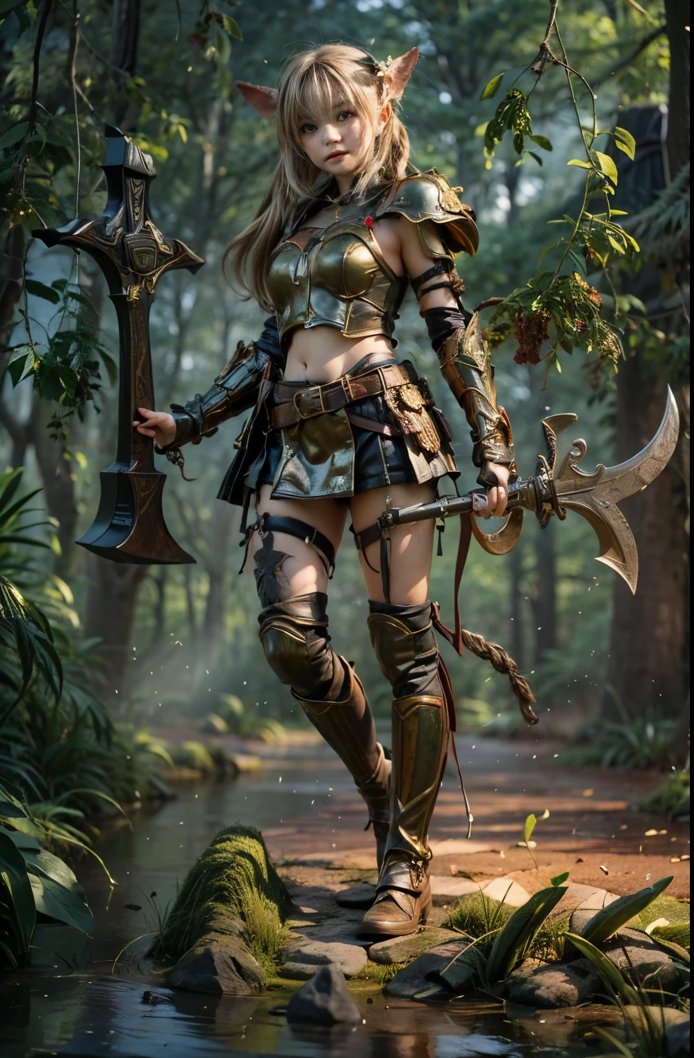 (best quality,4k,8k,highres,masterpiece:1.2), ultra-detailed, (realistic,photorealistic,photo-realistic:1.37), goblin-and-orc-half, extremely cute girl, 16 years old, twintails, sweating skin, intense gaze, leather armor, axe, full body shot,