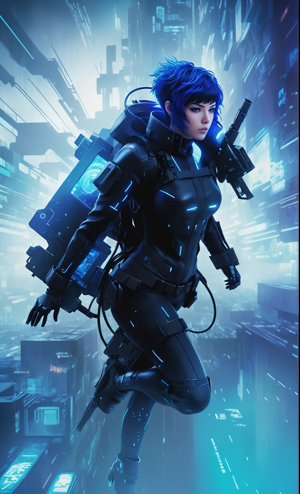 Ghost in the Shell Vol.2, by Luis Duarte, Luis Duarte style, blue and black shading, Neo-Tokyo style, Element Air, Mythpunk, Graphic Interface, Sci-Fic Art, Dark Influence, NijiExpress 3D v3, Kinetic Art, Datanoshing, Oilpainting, Ink v3, Splash style, Abstract Art, Abstract Tech, Cyber Tech Elements, Futuristic, Illustrated v3, Deco Influence, AirBrush style, drawing