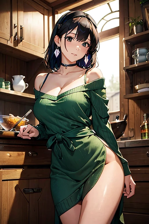 masterpiece, yor, 1girl, Bust A Cup, Amazing Cleavage:1.1, thin waist, big ass, Raised sexy, small breast: 1.1 posed cleavage:1.2、solo, looking at viewer, open mouth, have a cute grass of cute beergrass,black hair, dark green eyes, dress, bare shoulders, jewelry, collarbone, sidelocks, hairband, earrings, indoors, off shoulder, :o, sweater, arms behind back, plant, short hair with long locks, gild hairband, off-shoulder dress, sweater dress, off-shoulder sweater, red sweater, dark gord hair, big side hair, very long side hair,is rendered in (masterpiece: 1.2, best quality), with (ultra high resolution) and an exquisite (depth of field). This masterpiece is not only visually stunning but also tells,A scene of cooking in the kitchen