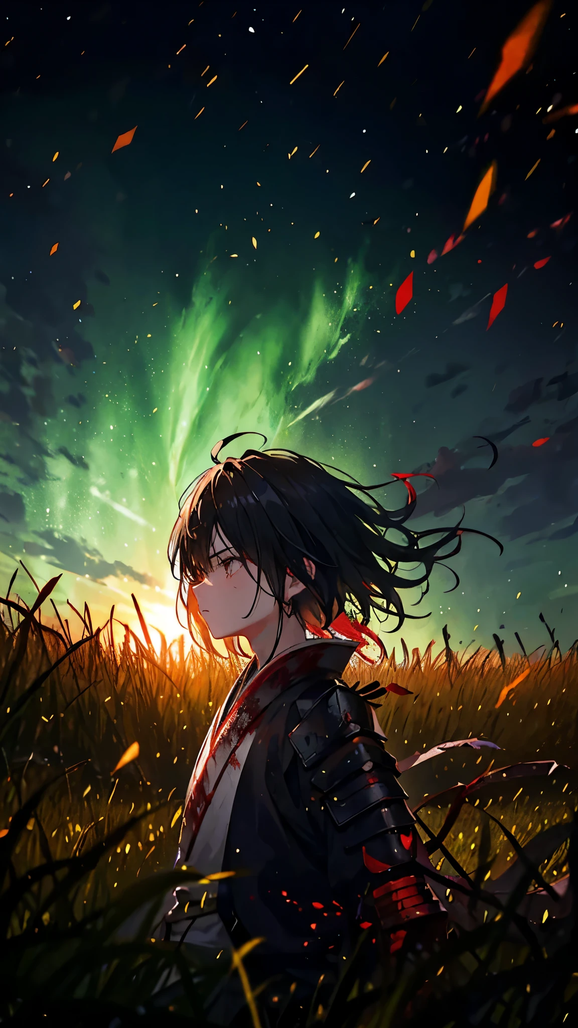 A lone samurai stands amidst a field of susuki grass under the night sky. The moonlight casts a pale glow over the scene, highlighting the samurai's intense expression and battle-worn armor. His katana, still drawn, drips with the blood of a recent battle, splatters of which can be seen on his face and attire. The wind rustles the susuki, adding a sense of eerie calm to the aftermath of combat