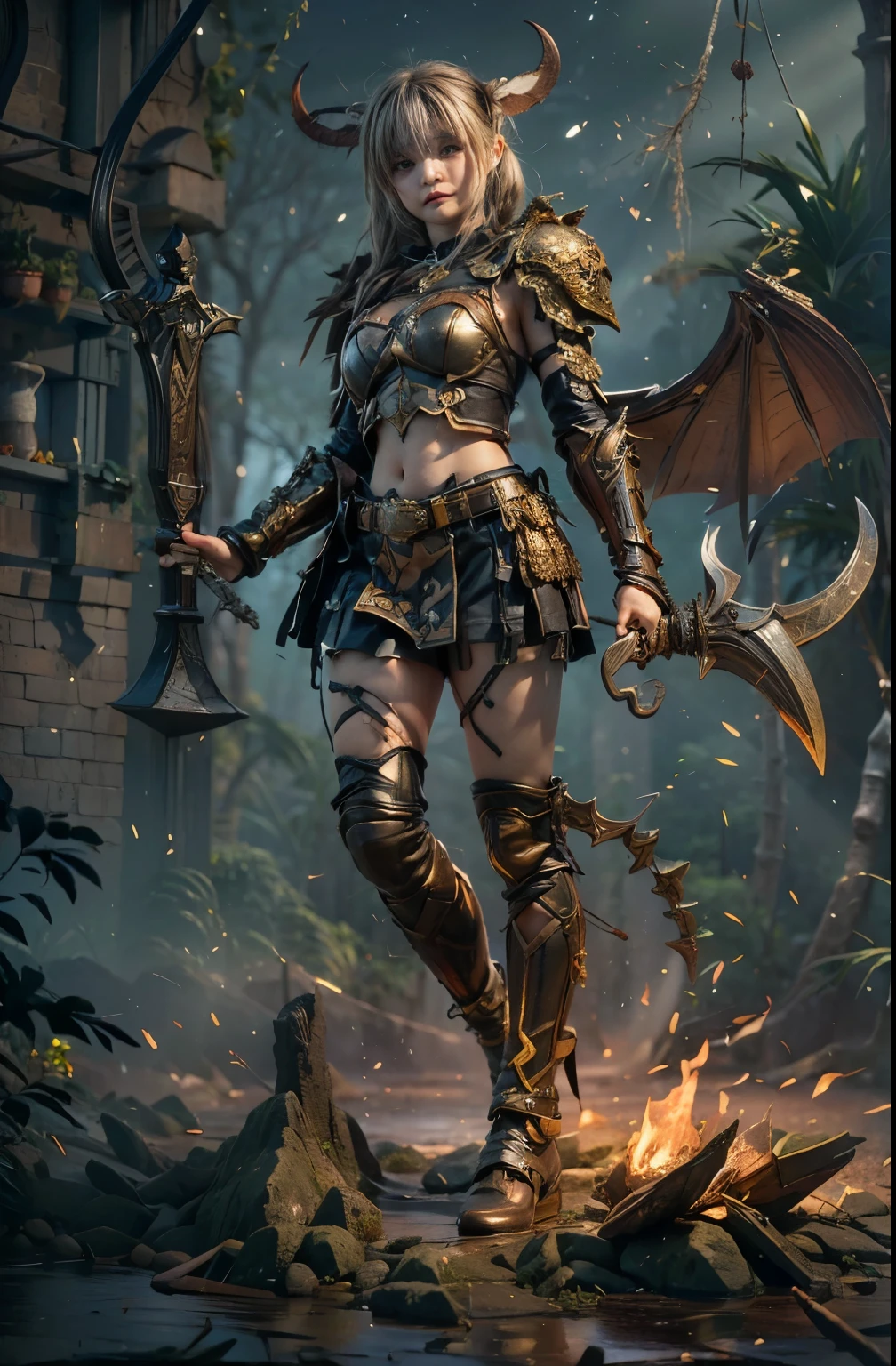 (best quality,4k,8k,highres,masterpiece:1.2), ultra-detailed, (realistic,photorealistic,photo-realistic:1.37), goblin-and-orc-half, extremely cute girl, 16 years old, twintails, sweating skin, intense gaze, leather armor, axe, full body shot,
