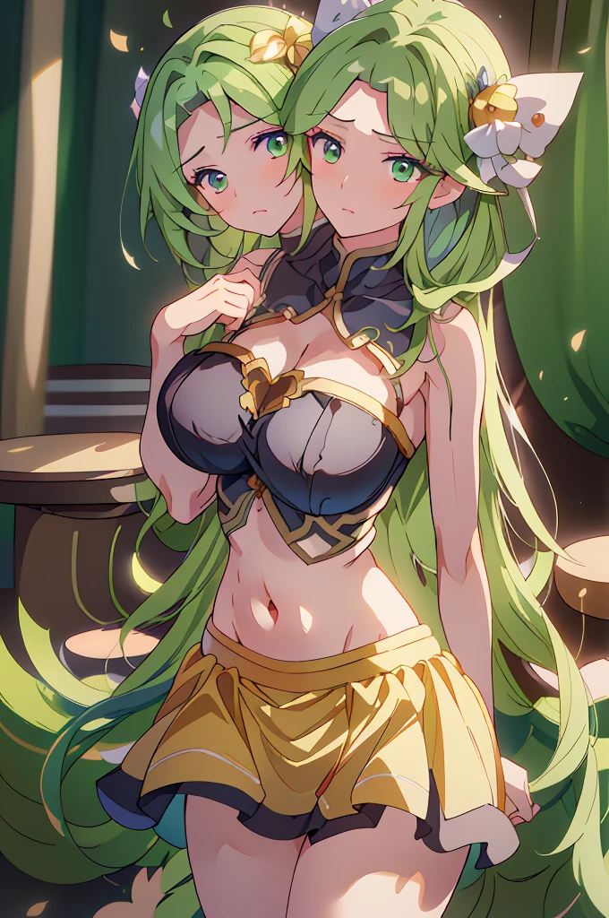 (masterpiece, best quality), best quality, best resolution, (ultra-detailed), (3heads:1.5), 1girl, (mima:1.3), masterpiece, top best quality, ultra quality, ultra resolution, ultra detail, white and blue top, crop top, ((stomach)), midriff, ((groin)), white and blue skirt, miniskirt, normal ears, shackles, green hair, very long hair, wavy hair, sidelocks, green eyes, parted lips, sweat, cute, toned belly, hand on own chest, eyelashes, (26 year old woman:1.3), (masterpiece:1.5), (best quality:1.5), (beautiful detailed), extremely detailed CG, extremely delicate and beautiful, depth of field, (finely detailed face), (perfect details:1.2), (mature female:1.3), wide pelvis, slender, large veiny breast, 16k resolution, highres, very high quality, very high definition, extremely detailed, masterpiece, green hair, long hair, alluring presence, twin braid, short skirt, close up, big , young, milf,