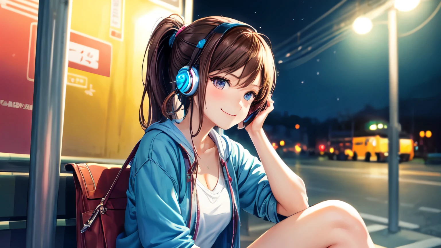 (highest quality,masterpiece:1.2),Familiar,Perfect Face,Brown Hair,Girl listening to music,Holding her cell phone,Sitting at the bus stop,2D Anime Style,shape,Soft lighting,Bright colors,Sparkling ornaments,night,Peaceful atmosphere,Pleasant background,Expressive eyes,A kind smile,Flowing Hair,Put on your headphones,Bright Eyes,Likeable character、ponytail