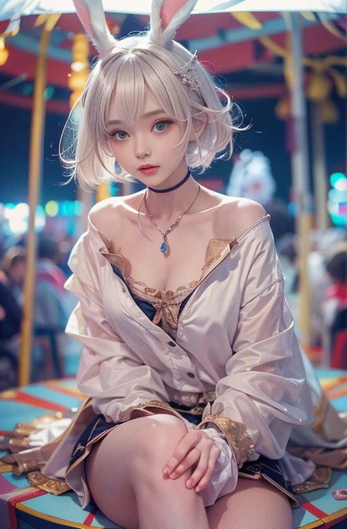 18-year-old, Wide-angle lens, A woman wearing fashionable spring clothes、Woman enjoying merry-go-round at night,thin、Serious expression、Short-haired、Deadly position, Gorgeous Necklace, Light milky porcelain skin, Smooth, Translucent white skin, Enchanting anime girl, Beautiful and seductive anime woman, Super realistic sweet bunny ears girl, Pale porcelain white skin, Smooth, Realistic and perfect body, Anime Girl Cosplay, Perfect body with realistic shadows, Switzerland'masterpiece, There is a real white rabbit. Red eyes and blue eyes