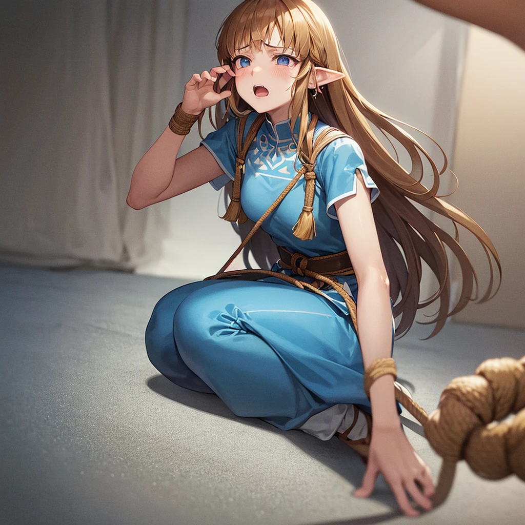 Princess Zelda, ((highest quality)), (Very detailed), torture chamber,(((ropeでしっかりと縛られた腰))),One Woman, alone,dress,tears,Beautiful brown hair, (Show your side), Long Hair, Expressions of anguish,princess zelda, twpr, nintendo, the legend of zelda,Constraints,I can&#39;t move,beauty,I can see the side,rope,Exposed Skin,Jail