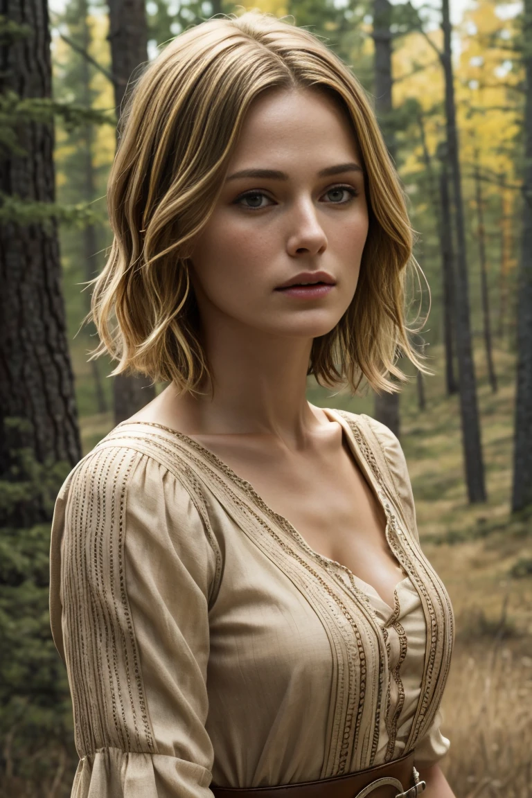 Beautiful mature woman, (Keira Knightley: 0.5), alone, (Skin Texture: 1.1), A face with attention to detail, Detailed lips, Fine grain, Short blonde, (Western Dress), Western Wilderness, (Athlete's Body), ((Small breasts: 1.1)),, Lewd New Bride, Realistic, (masterpiece: 1.2), Very detailed, Intricate details, Professional, Cinema Lighting, Rim Light, western drama