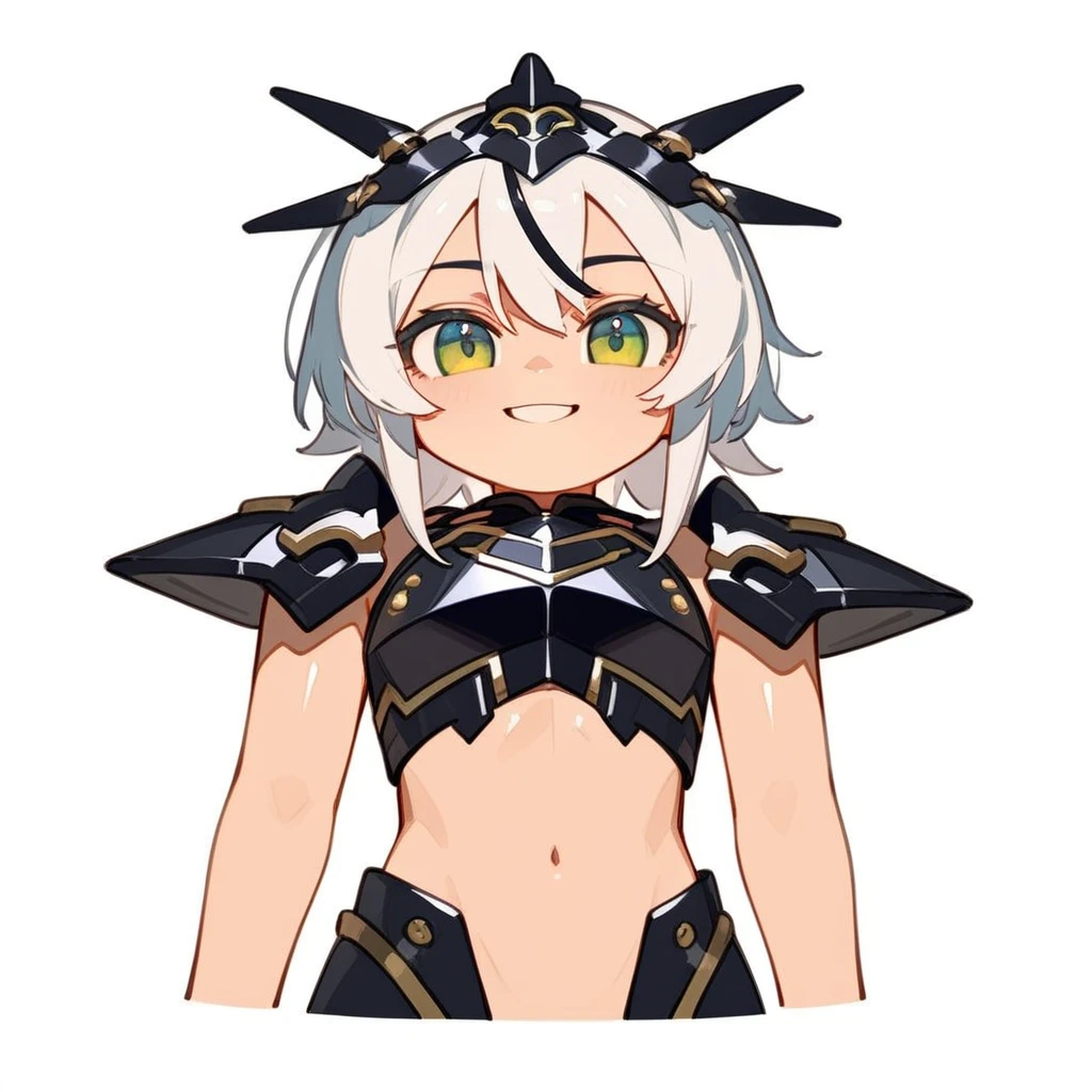 score_9, score_8_up, source_anime, masterpiece, best quality, BREAK 1girl, chibi, upper body, shiny black armor, long white hair, smile, rating_safe