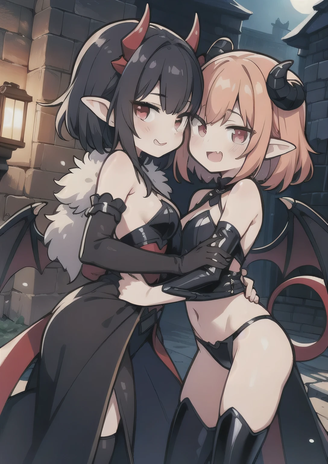 8K, 3girl, petit, , kawaii vampire, crimson hair, short hair, red eyes, fang, bat wings, smile, (blush), (shy), pointed ears, looking at viewer, dynamic angle, wind, game cg, fantastic scenery, demon tail, thin tail, black horns, medium breast, latex, kissing, sexy, dungeons, summon, magic, bulge, show bulge,