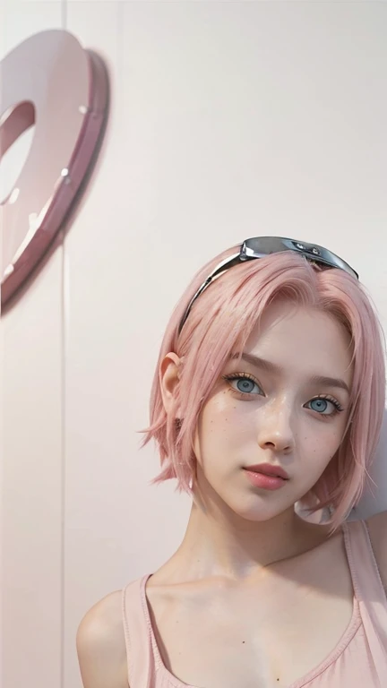 young woman, short shoulder-length pink hair, wide forehead, porcelain skin, pink eyebrows, big emerald green eyes, buttoned nose, full lips, heart-shaped face, slender body, small breasts, red tank top, Sakura Haruno , realistic, realism, details, 3d, well detailed
