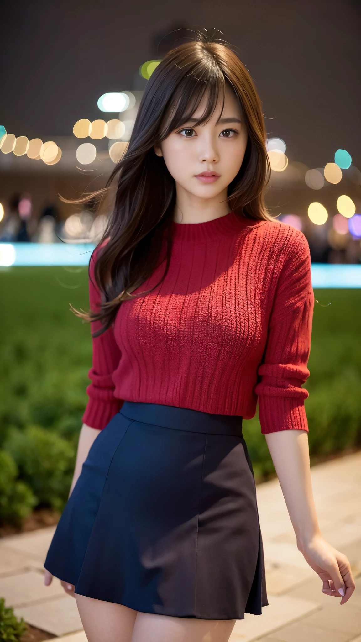 1 girl、(Looking at the audience)、(Bokeh:1.1)、Lips parted、Expressionless、Realistic、tights、skirt、Skyline、Realistic、アップskirt、skirtリフト、highest quality、masterpiece:1.3、超A high resolution、View from below:1.25 、Panties close up:1.35、Embarrassed look、The background is a night view、(Look Viewer:1.3)、(Beautiful Face:1.2)