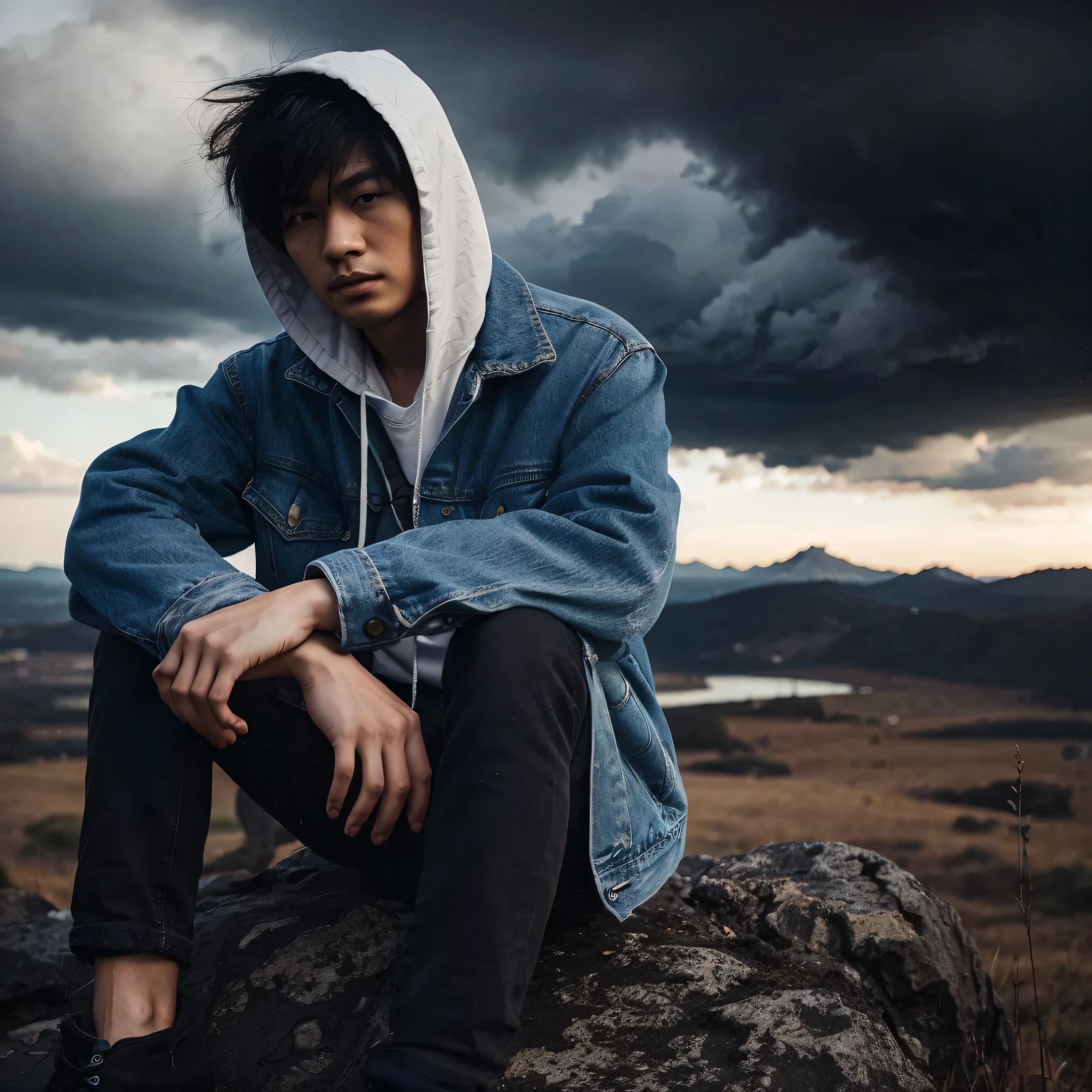 long shoot photography, asian couple, a 27 year old asian man wearing blue jeans jacket black hoodie, blue jeans, sit at rock, background apocalypse