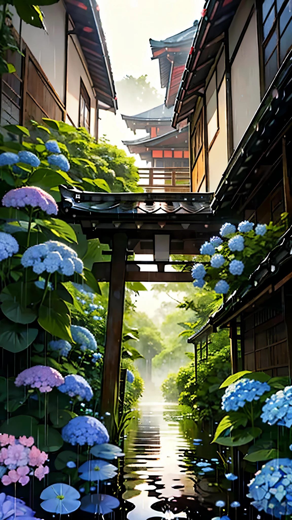 A peaceful rainy day during the rainy season (rainy season) in Japan. The scene features a traditional Japanese house with an overhanging eave (Eaves). Gentle raindrops fall softly, creating small ripples in the puddles on the ground. The eaves shelter the wooden veranda, where a few delicate hydrangeas bloom, adding a touch of color to the scene. The sky is overcast but bright, with a tranquil and soothing ambiance that captures the calmness of a gentle rainy day