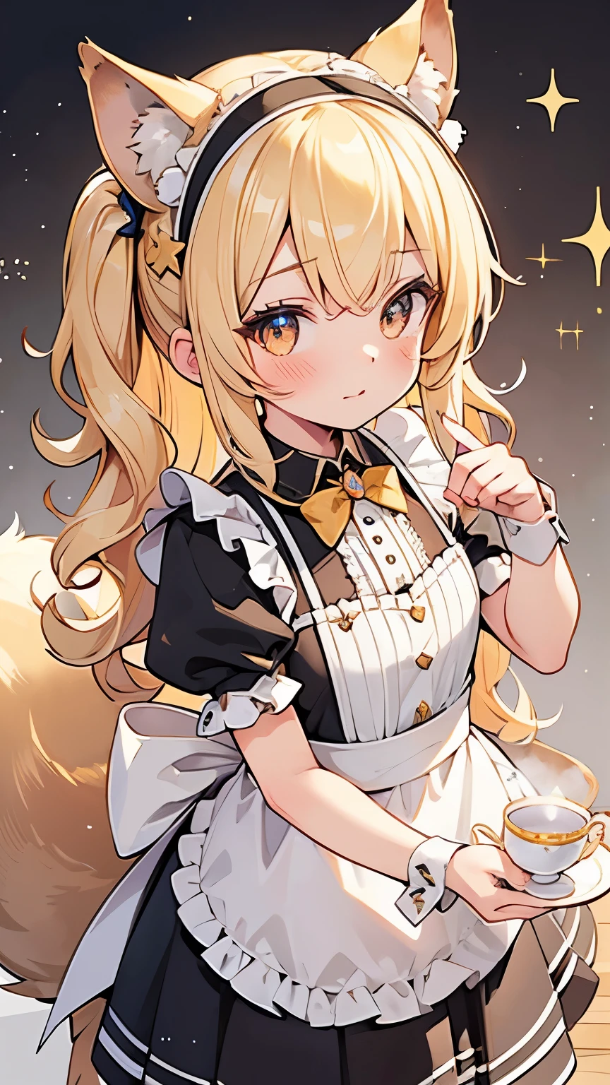 blonde hair, curly hair, hairband, squirrel ears, Art Deco, sparkle, symmetry, pov, anatomically correct, textured skin, high details, best quality, super detail, maid, cute girl, tea time, colorful