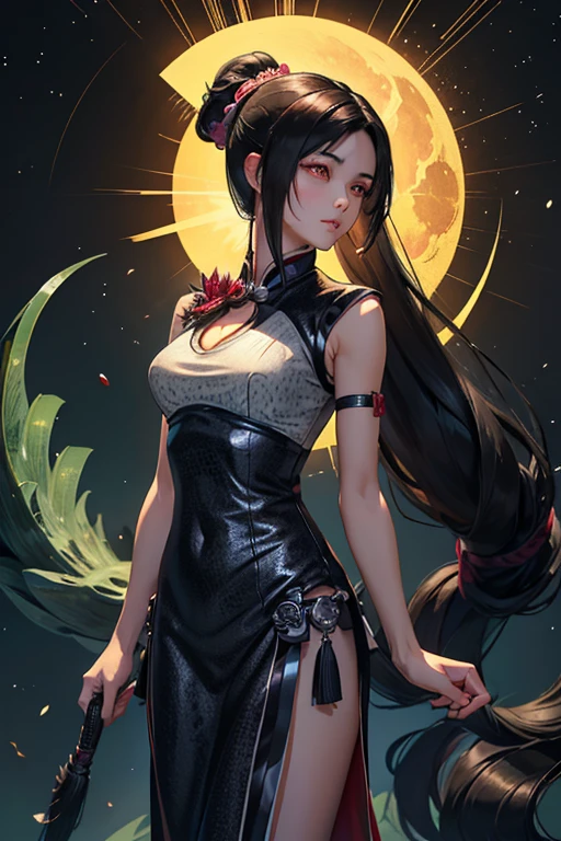 Li Mei has long, flowing black hair that she usually ties into a high ponytail. Her eyes are a piercing emerald green, and she has a delicate, almost ethereal beauty that belies her formidable strength. She wears a traditional qipao modified for mobility, combined with light armor pieces that do not hinder her agility. Her sword, the "Jade Serpent," is always by her side, its blade rumored to be imbued with mystical properties.