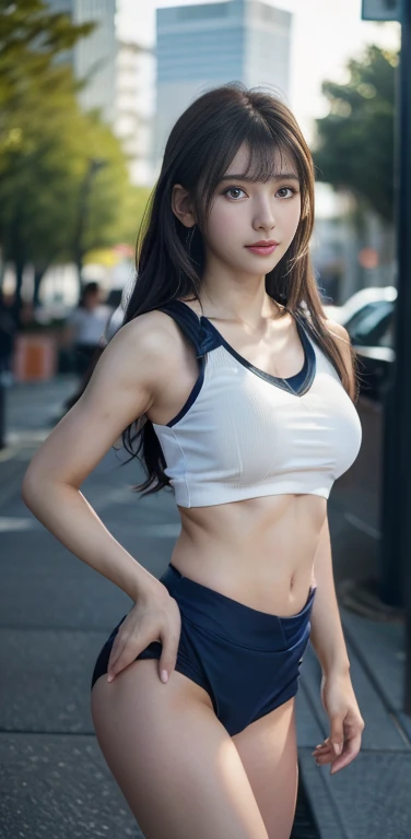 (masterpiece:1.3), (in 8K, Photorealsitic, Raw photography, Top image quality: 1.4), japanes, (1girl in), a beauty girl, High school students, (((Volleyball uniform that covers from the upper body to the stomach、Dark blue bloomers on the lower body))), Bloomers used in Japanese schools, conservative design, Bloomers are dark blue、tight fitted、Seam loom made of thin fabric, Stretchy fabric covers a wide area around the waist、Length from belly on of bloomers、((Low leg cut))、Also covers the groin area), Hands are behind your back、(Outdoor athletics stadium background), (Lighting from the front、There is no shadow on the front of the body), Beautiful hairstyle, realisticeyes, Eyes in Beautiful Details, (real looking skin), Beautiful skins, enticing, 超A high resolution, A hyper-realistic, high detailing, the golden ratio, (Detal Face:1.2), see the beholder,masutepiece, Best Quality, Ultra-detailed, finely detail, hight resolution, Composition of the whole body、Glossy thighs、超A high resolution、professionally lit、Photon mapping、Radio City、physically-based renderingt、Cinematic lighting、depth of fields,Focusing,Sun'rays,Good composition,(Bokeh:1.2), (((1 17-y Double eyes、Open Legs Pose、Bold legs open、Beautiful detailed eyes, fitness wear, Natural Color Lip,Photorealsitic、realisitic、独奏、Photorealsitic、top-quality、extra detailed face、extremely detailed eye and face、beatiful detailed eyes、absurderes、incredibly absurd hair growth、Wavy hairstyle、Middle hair、(extremely details CG、8K wallpaper is very delicate and beautiful)、beautiful lighting、Perfect litthing、realistic shadow、Detailed skin、ultra-detailliert、detailed faces and eyes、Realistic eyes Beautiful face with sharp eyes、plein air、japanese high school、blurry backround、shinny skin、Blunt bangle body composition, looking in camera, Japan Female, 17 age, Perfect beaure-visible texture, Perfect facial features, clear bare skin, clear bare skin, Beautiful toned body, Legs wide open、Number of fingers 5、