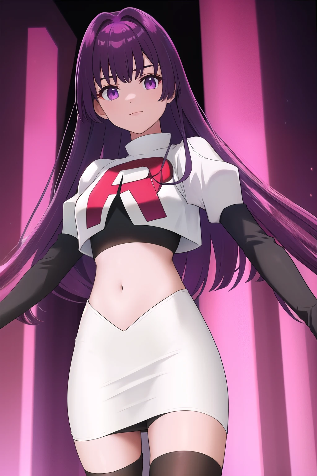 veyle_engage, 1girl, purple eyes, solo, team rocket,team rocket uniform,white skirt,red letter R,crop top,black thigh-highs,black elbow gloves