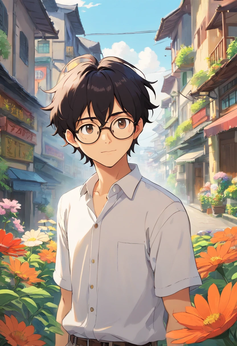 Young man wear white shirt, round glasses, black wavy hair, tan skin, starting his new day in Bandung. The city of flowers.