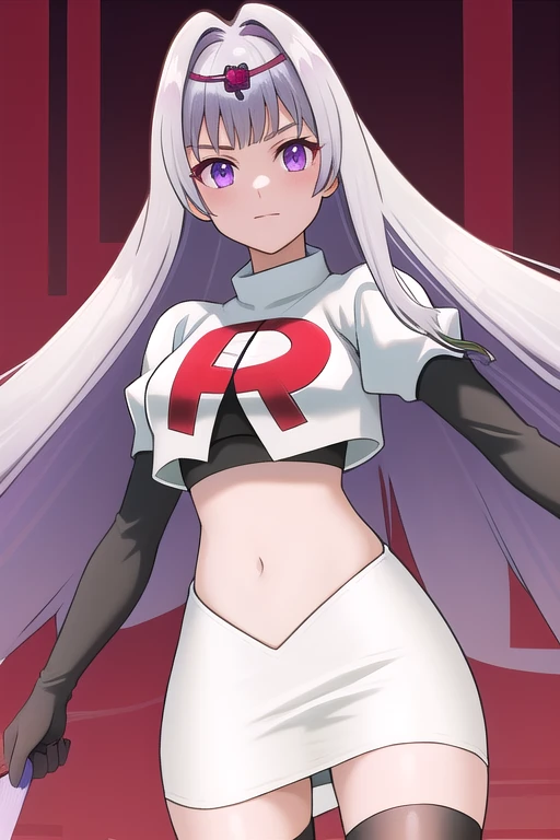 veyle_engage, 1girl, purple eyes, solo, team rocket,team rocket uniform,white skirt,red letter R,crop top,black thigh-highs,black elbow gloves