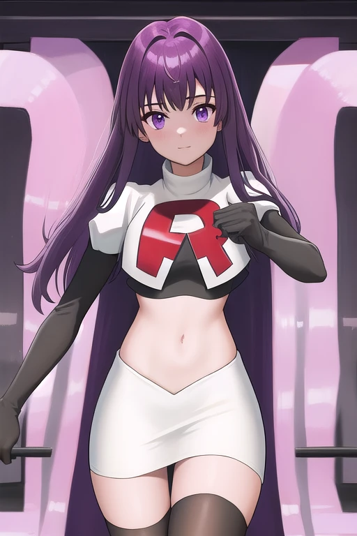 veyle_engage, 1girl, purple eyes, solo, team rocket,team rocket uniform,white skirt,red letter R,crop top,black thigh-highs,black elbow gloves