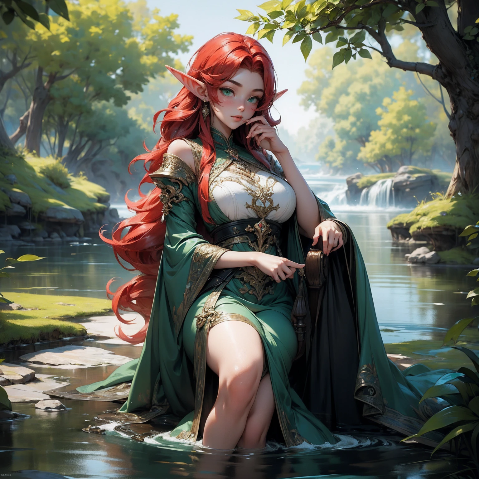 (Masterpiece - Ultra-Detailed, High Resolution) Prepare to be enchanted by a true masterpiece that combines ultra-detailed art with high-resolution rendering. This work shows a mesmerizing and sexy young elf with very large breasts and red hair. Green eyes, transparent dress, sitting on the water. Backwards, looking back, with one finger in her mouth. Get ready to dive into a world where beauty and craftsmanship merge perfectly.