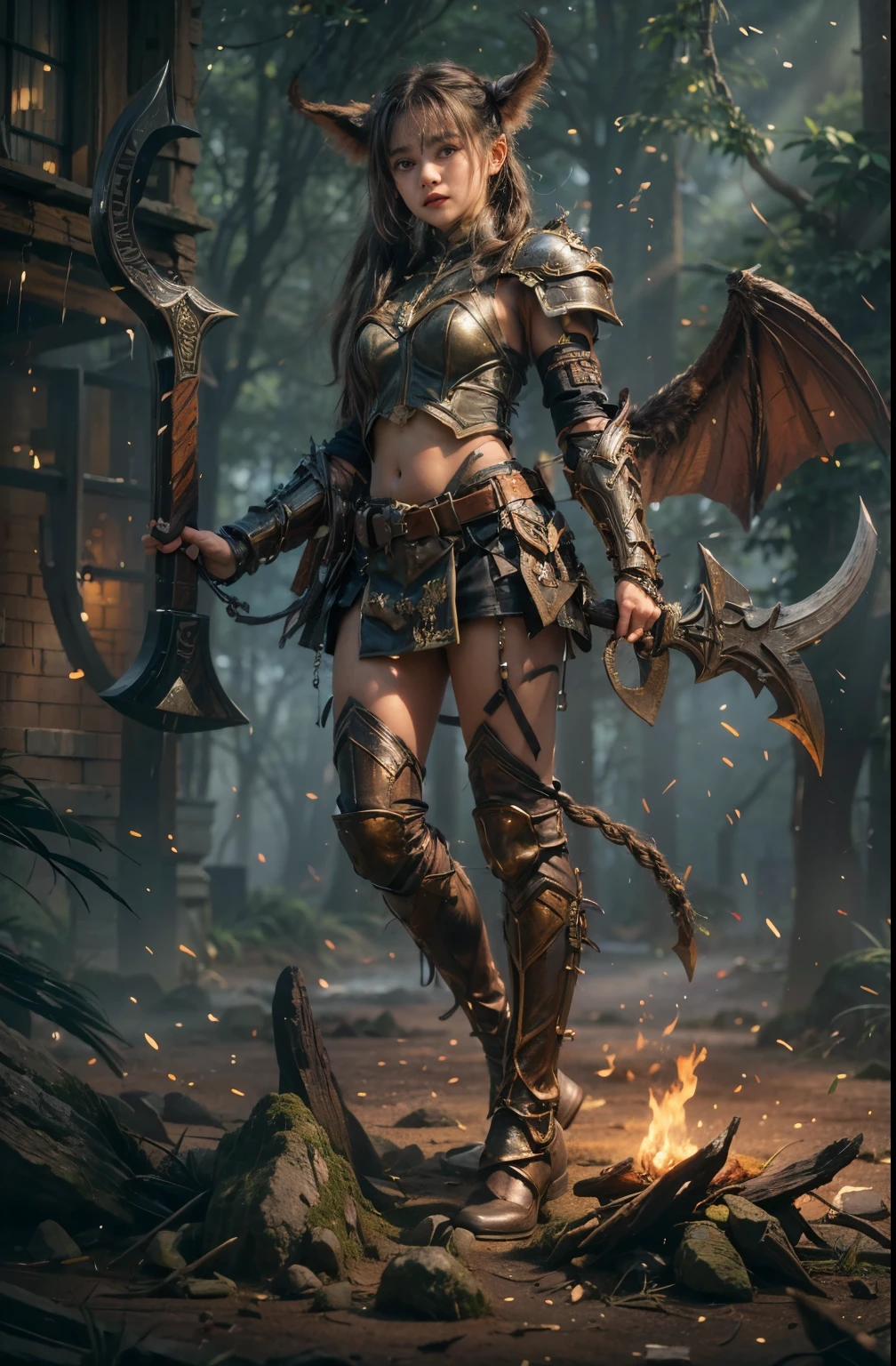 (best quality,4k,8k,highres,masterpiece:1.2), ultra-detailed, (realistic,photorealistic,photo-realistic:1.37), goblin-and-orc-half, extremely cute girl, 16 years old, twintails, sweating skin, intense gaze, leather armor, axe, full body shot,