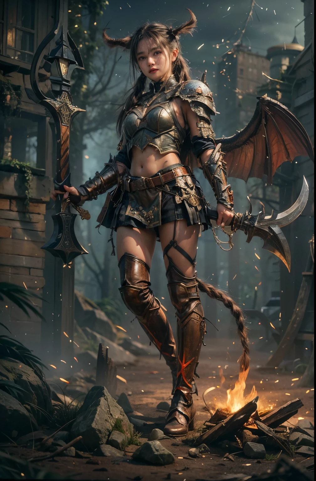 (best quality,4k,8k,highres,masterpiece:1.2), ultra-detailed, (realistic,photorealistic,photo-realistic:1.37), goblin-and-orc-half, extremely cute girl, 16 years old, twintails, sweating skin, intense gaze, leather armor, axe, full body shot,