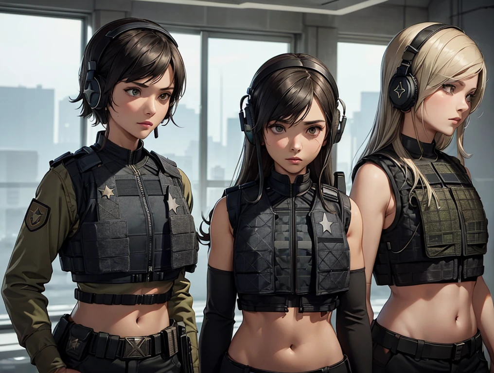 ((((Three woman in a black outfit holding a rifle and wearing headphones)))), 24-year-old woman, Filipino woman, tan bronze skin, soldier girl, mechanized soldier girl, military girl, beautiful female soldier, female lead character, infantry girl, of a sniper girl in war, solo female character, future combat gear, close up half body shot, ((((( crop top military bulletproof vest))))), (showing navel), quiet from metal gear solid v, wearing tactical gear, dressed in tactical armor
