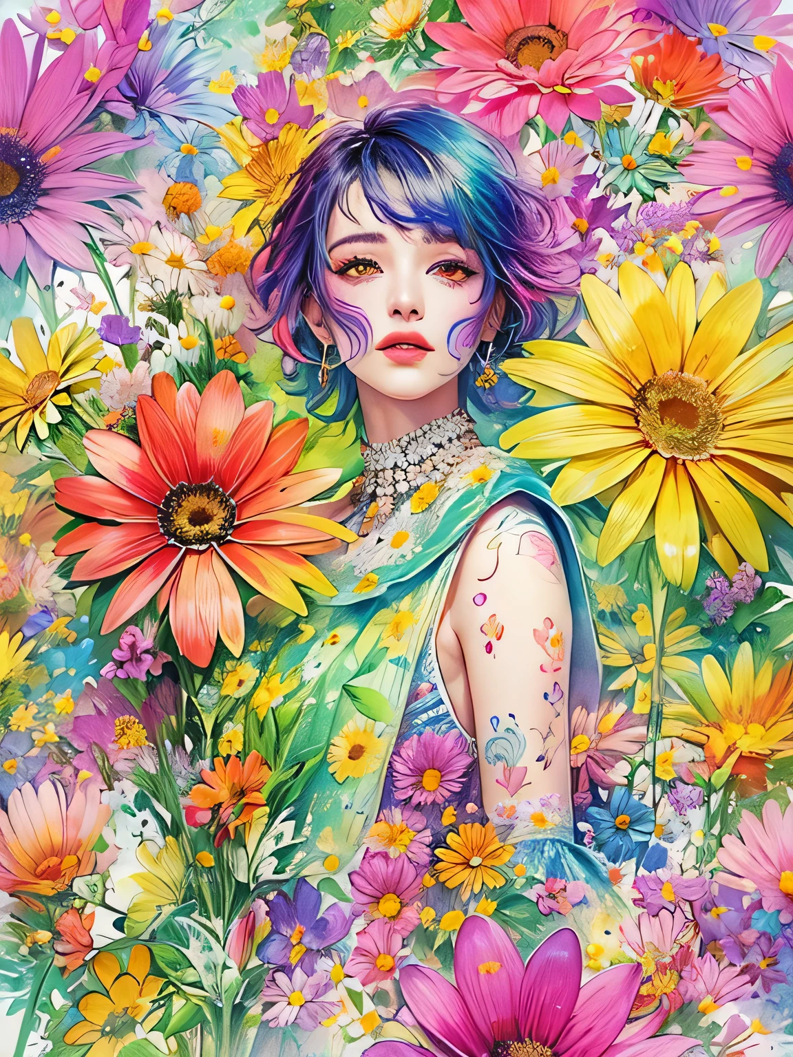 Micho Style、(((stylish fashion))), 8K Quality、Intense watercolor, Detailed watercolor art, Watercolor splash, Surreal, avant-garde pop art, Beautiful and expressive paintings, Beautiful artwork illustration, Very colorful tones, wonderful, Cool beauty, highest quality、Official Art, Vector art, Stylish design, (((The most beautiful girl))), (((highest quality))), HDR, ((detailed)), (((Doodle Art)), ((masterpiece)), ((Super detailed)), (((Colorful flowers))),(((Stylish))),