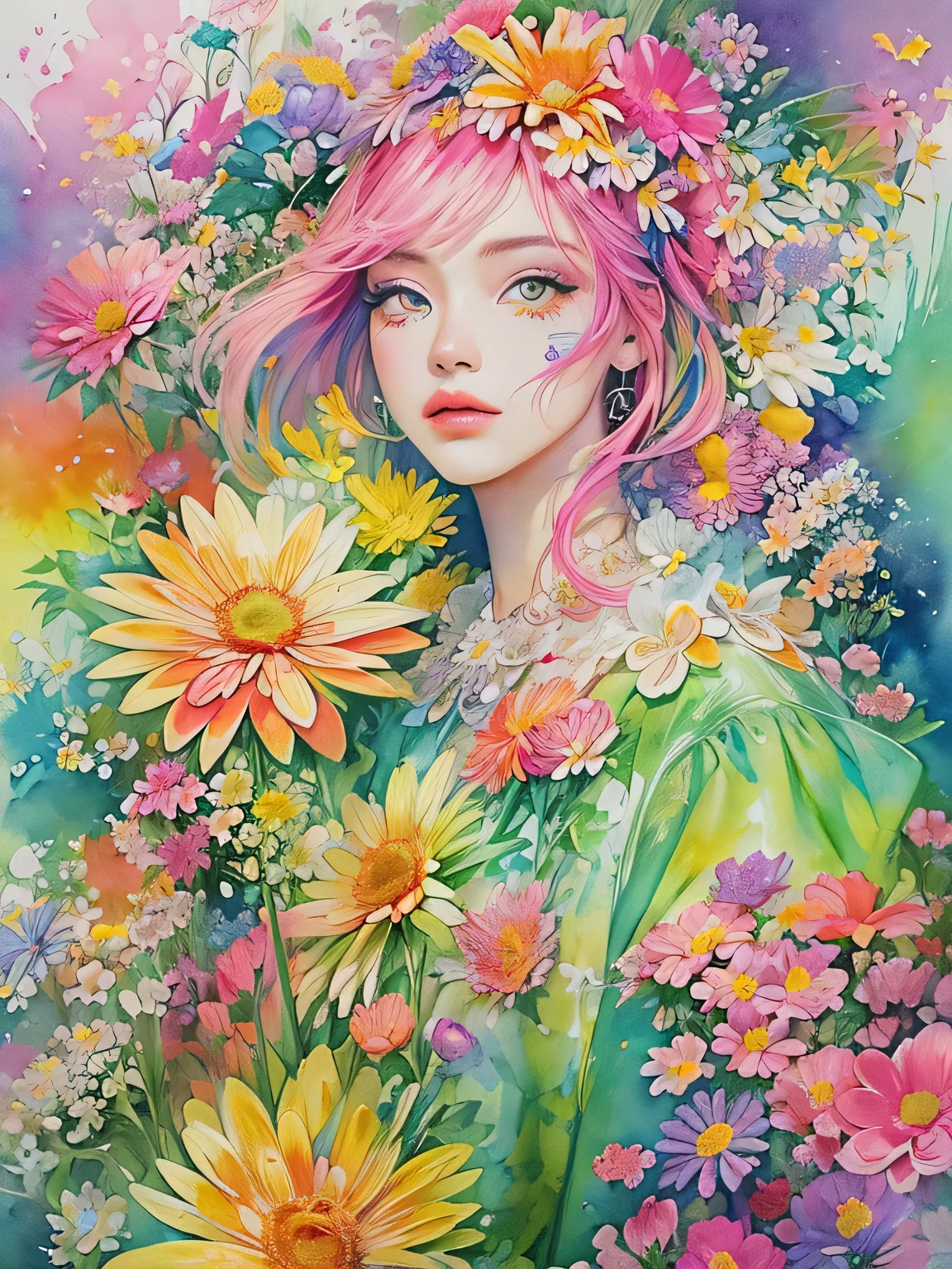 Micho Style、(((stylish fashion))), 8K Quality、Intense watercolor, Detailed watercolor art, Watercolor splash, Surreal, avant-garde pop art, Beautiful and expressive paintings, Beautiful artwork illustration, Very colorful tones, wonderful, Cool beauty, highest quality、Official Art, Vector art, Stylish design, (((The most beautiful girl))), (((highest quality))), HDR, ((detailed)), (((Doodle Art)), ((masterpiece)), ((Super detailed)), (((Colorful flowers))),(((Stylish))),