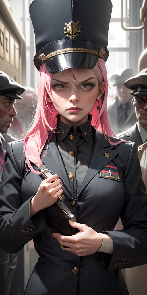 a pink-haired girl boss of the mafia,dark atmosphere,hidden weapons,high-end luxury cars,strategic meeting,secret hideout,heavy security,confident posture,determined look,fierce eyes,sleek and stylish outfit,dramatic lighting,gritty urban backdrop,intense expression,sharp suit,engaged in a power struggle,strong-willed leader,heavily guarded premises,menacing presence,exuding authority,dark,industrial aesthetic,forceful personality,criminal empire,dominant and powerful,underworld queenpin,bank vault full of money,loyal henchmen,sophisticated and calculated,lucrative illegal activities,plotting the downfall of rivals,impressive and intimidating,mastermind of criminal operations,a force to be reckoned with,commanding respect and fear,mysterious and enigmatic,sharp and cunning,in control of every situation,business negotiations with rival gangs,shrewd and calculating,commanding respect,untouchable and influential,boss lady of the criminal underworld,(best quality, highres,photorealistic)
