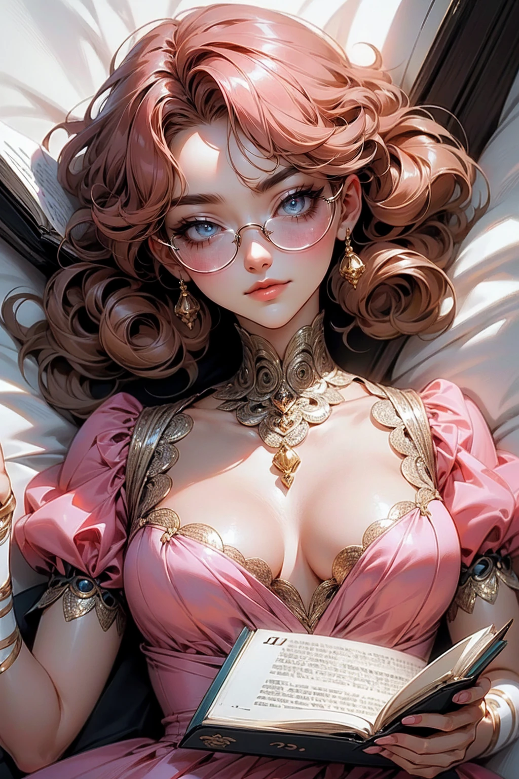 {-erro_de_anatomia:1.0}(best quality,4k,8k,highres,masterpiece:1.2) Anime girl tuxedo with curly rose gold hair and round gold glasses, rose gold eyes. Guviz style art, attractive detailed art style, Charlie Bowater Style, 1 7 - year - old cute anime girl, detailed manga style, detailed anime character art, germ of art. High detail, stunning manga art style. Rose dress. (pink dress) . Wearing rose gold Victorian clothing. Dancing, walking, drinking, reading, writing, lying, standing, on your back, dynamic poses, smile, closed mouth. Different Pose, upper body