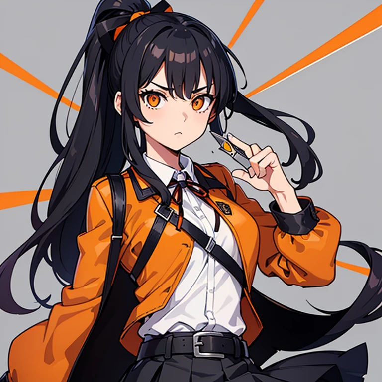 Masterpiece, best quality, expressive eyes, perfect face, 1girl, solo, orange eyes, ponytail, ribbon, long back hair, black hair, orange shirt, open jacket, belt, skirt, scissors, holding_object, upper body