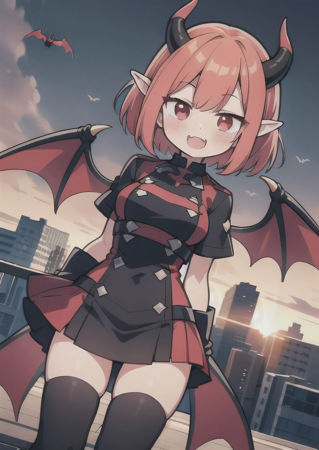 8K, 1girl, petit, , kawaii vampire, crimson hair, short hair, red eyes, fang, bat wings, smile, (blush), (shy), pointed ears, looking at viewer, dynamic angle, wind, game cg, fantastic scenery, demon tail, thin tail, black horns, medium breast, teamrocket uniform