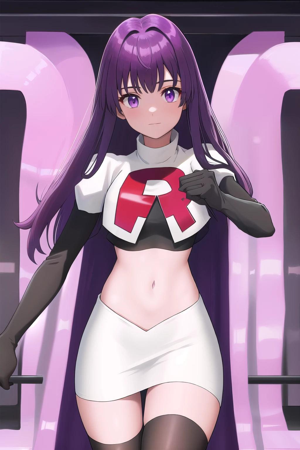 veyle_engage, 1girl, purple eyes, solo, team rocket,team rocket uniform,white skirt,red letter R,crop top,black thigh-highs,black elbow gloves