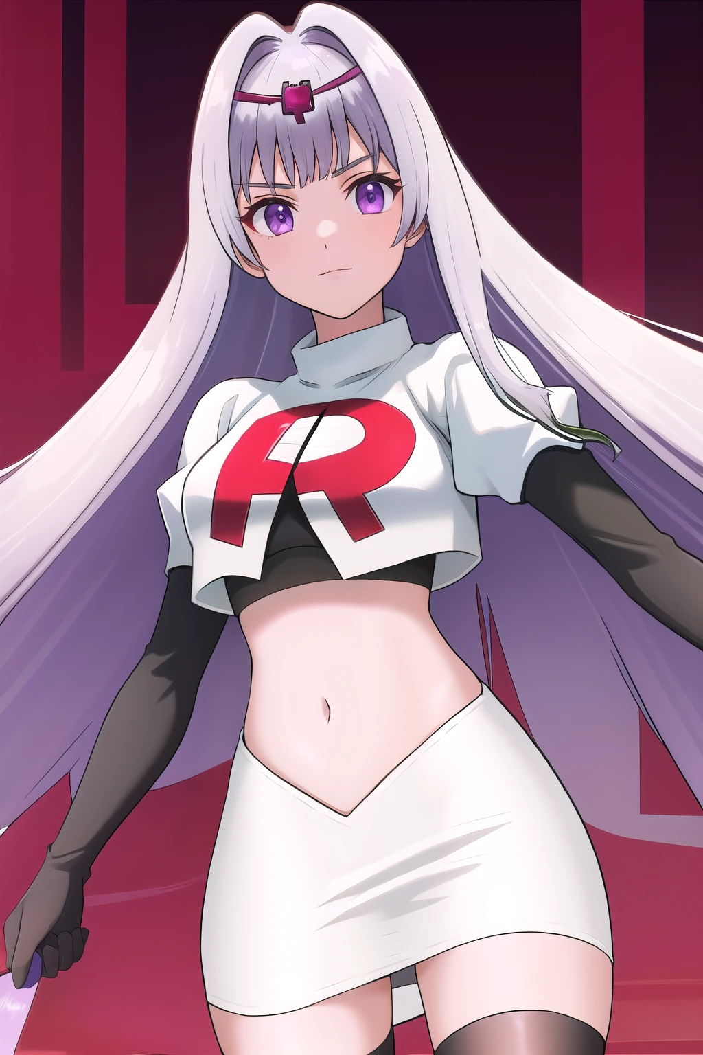 veyle_engage, 1girl, purple eyes, solo, team rocket,team rocket uniform,white skirt,red letter R,crop top,black thigh-highs,black elbow gloves