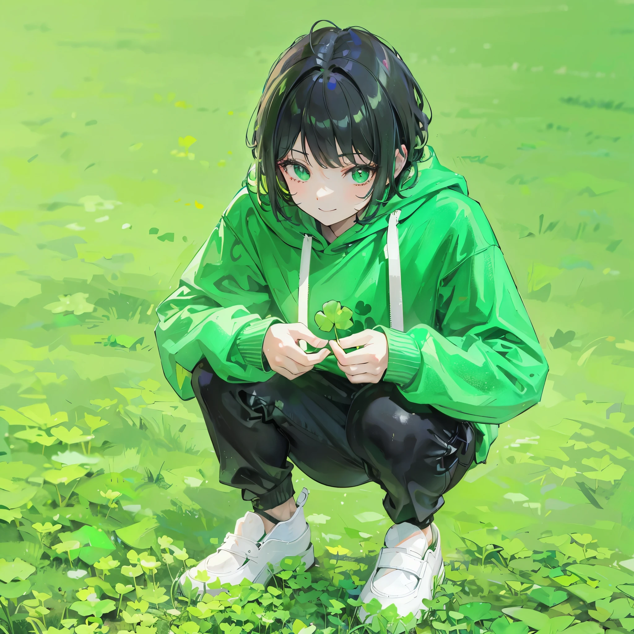Top Quality, Masterpiece, 8K, girl squatting and staring at ground with green clover, young and small, short green hair, princess cut, green eyes, wearing green short sleeved hoodie, holding one four leaf clover in hand, happy smiling girl