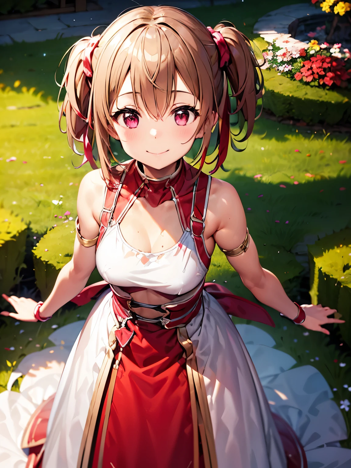 High resolution, silica, solo、1 girl、Upper body、standing, closed mouth、arms behind、arms on both sides, outdoors、Absolute reference to center、Standing in a flower garden、White、White、pink、pink,Colorful Long Dress Costume、Sunset landscape、Smile Silica Sword Art、Shooting from above