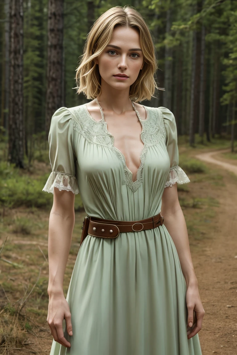 Beautiful mature woman, (Keira Knightley: 0.5), alone, (Skin Texture: 1.1), A face with attention to detail, Detailed lips, Fine grain, Short blonde, (Pale green western dress), Gun belt at the waist、Full Body Shot、Western Wilderness, (Athlete&#39;s Body), ((Small breasts: 1.1)),, Lewd New Bride, Realistic, (masterpiece: 1.2), Very detailed, Intricate details, Professional, Cinema Lighting, Rim Light, western drama