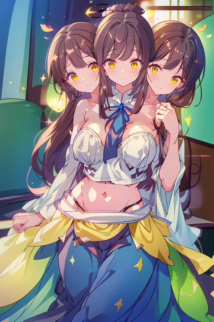 (masterpiece, best quality), best quality, (ultra-detailed), (3heads:1.5), 1girl, (star sapphire:1.3), masterpiece, best quality, ultra quality, ultra resolution, ultra detail, white top, crop top, ((stomach)), midriff, ((groin)), open midriff, white and blue skirt, miniskirt, normal ears, shackles, dark brown hair, very long hair, wavy hair, sidelocks, yellow eyes, detailed eyes, parted lips, fairy wings, sweat, cute, open belly, toned belly, hand on own chest, eyelashes, (24 year old woman:1.3), (masterpiece:1.5), (best quality:1.5), (beautiful detailed), extremely detailed CG, extremely delicate and beautiful, depth of field, (finely detailed face), (perfect details:1.2), (mature female:1.4), wide pelvis, slender, large veiny breast, 16k resolution, highres, high quality, high definition, extremely detailed, masterpiece, dark brown hair, long hair, alluring presence, braid, short skirt, close up, big tits, young, blue ribbon attached to the hair, butterfly-shaped wings, open belly, midriff, nsfw,