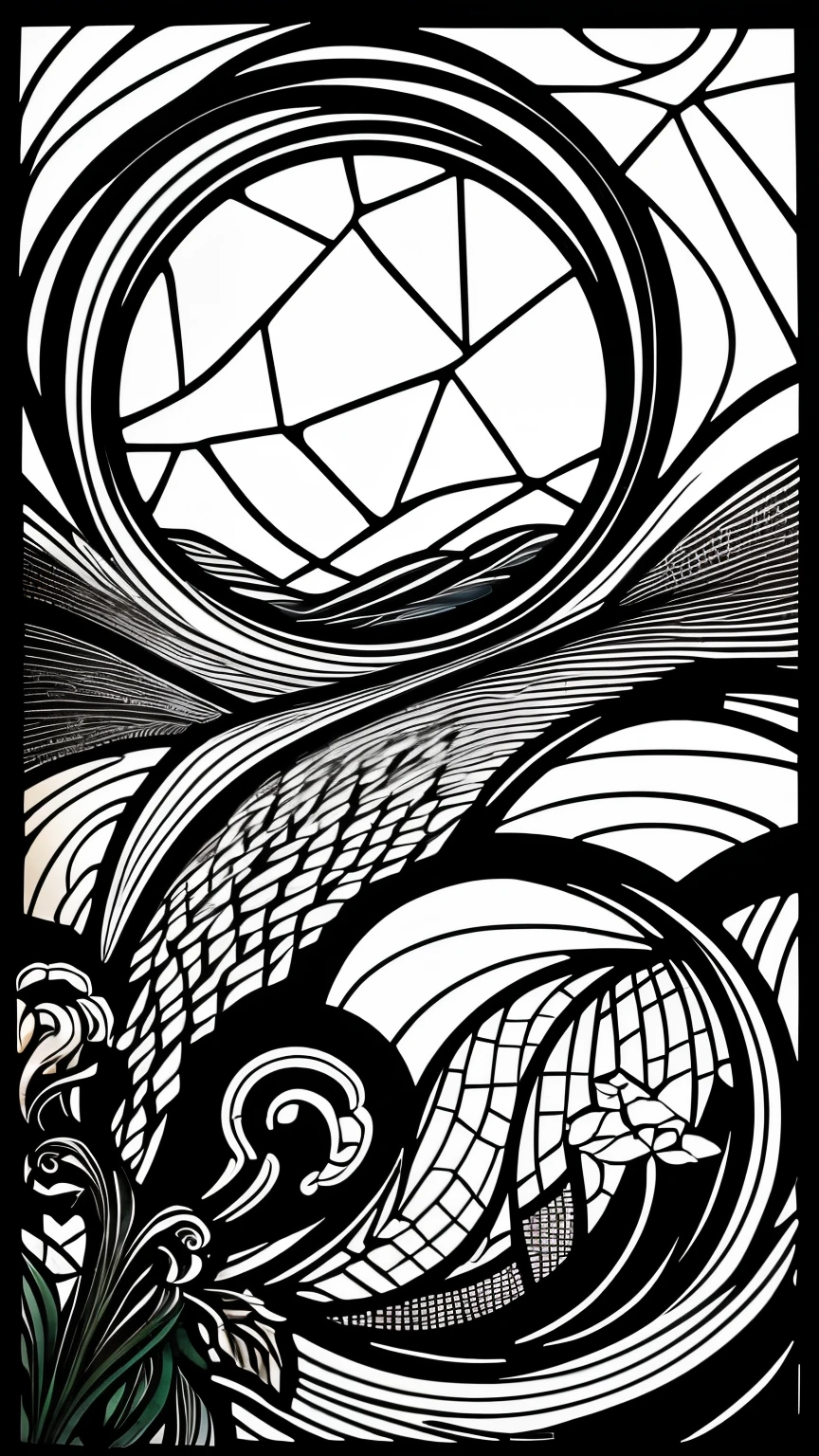 best quality, super fine, 16k, delicate, complex, mysterious, mysterious and bold designs of black and white stained glass, colorless artworks