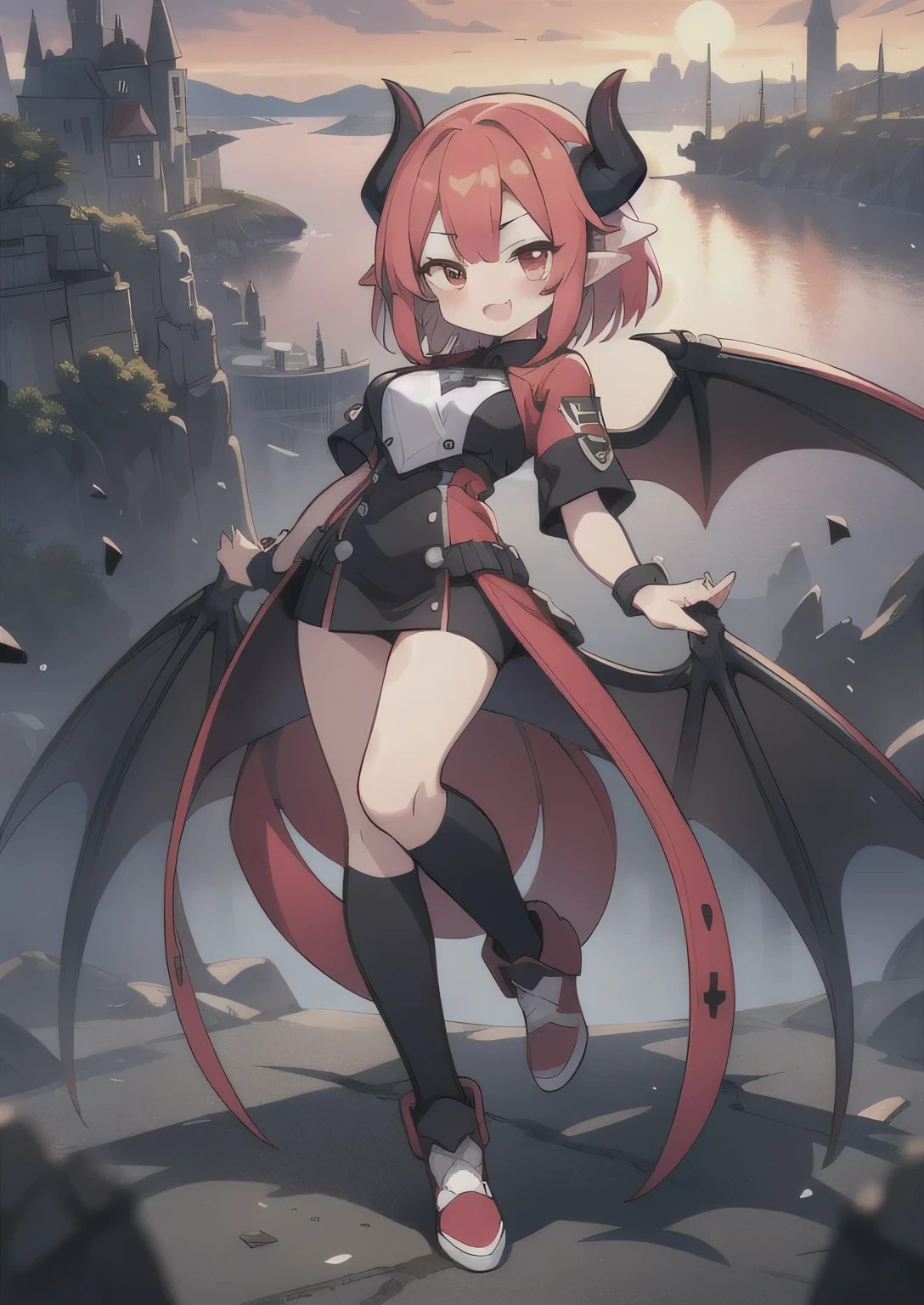 8K, 1girl, petit, , kawaii vampire, crimson hair, short hair, red eyes, fang, bat wings, smile, (blush), (shy), pointed ears, looking at viewer, dynamic angle, wind, game cg, fantastic scenery, demon tail, thin tail, black horns, medium breast, teamrocket uniform, show full body